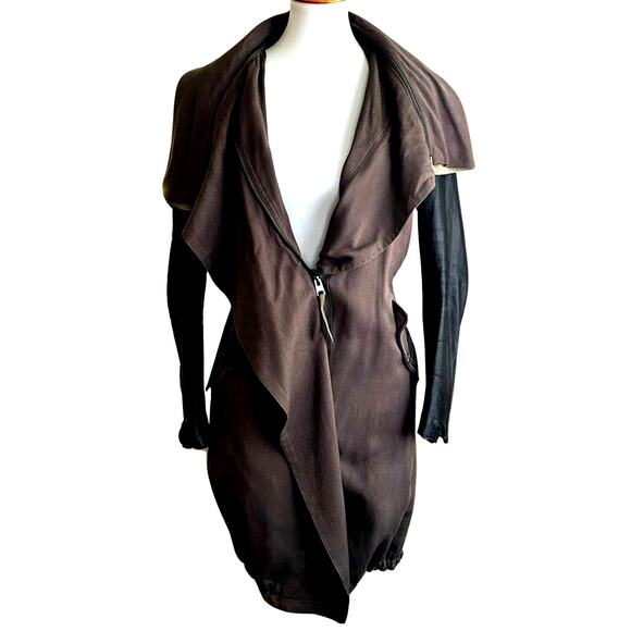 AllSaints Luna Parka Coat Sz. 6 – Gray Drape Front w/ Black Lamb Leather Sleeves - Picture 1 of 9